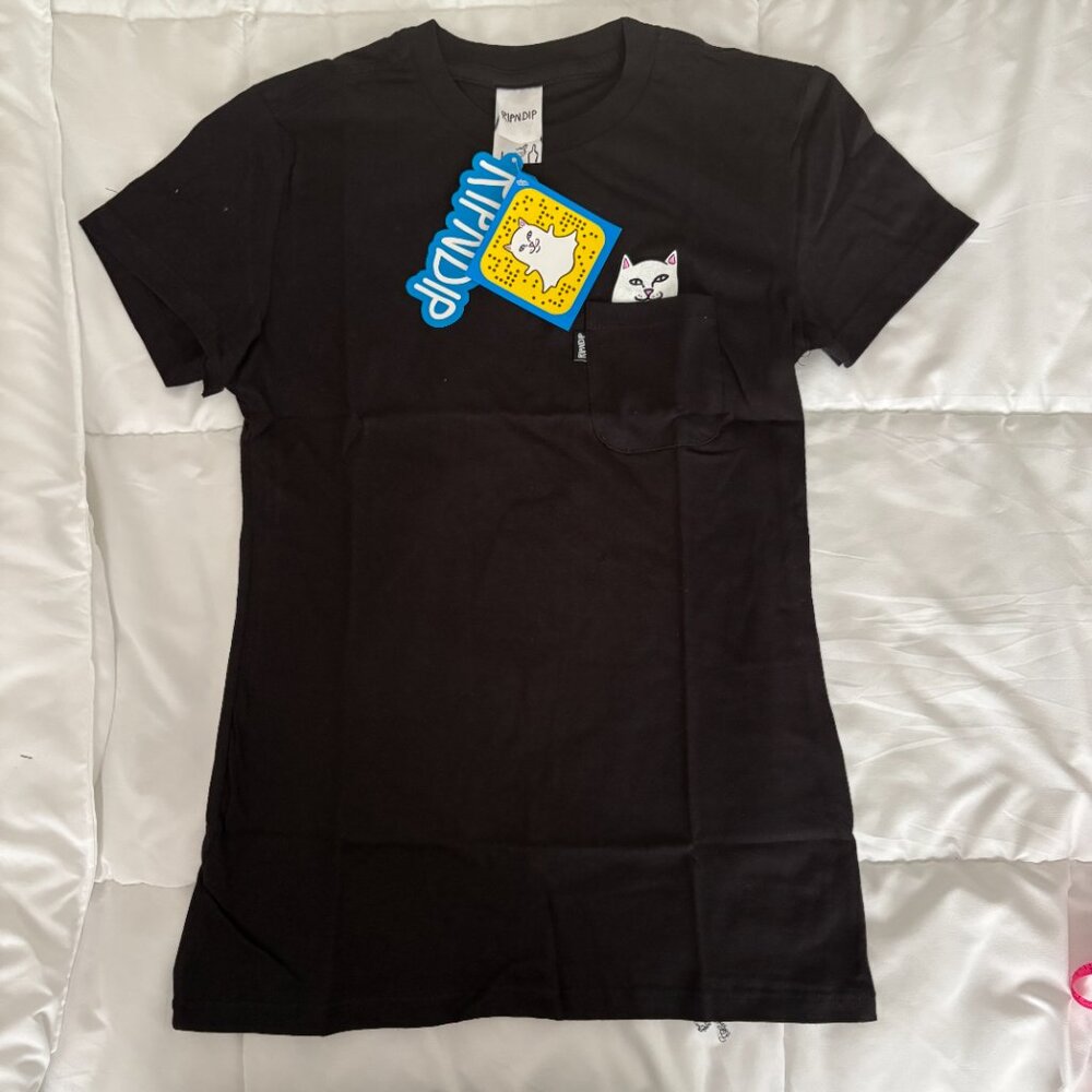 RIPNDIP Lord Nermal Pocket Tee Black Middle Finger Streetwear Cat Size XS New - Picture 2 of 6